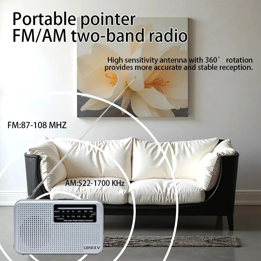 AM/FM portable radio with high sensitivity and high sound quality, uses durable No. 7 batteries, built-in high quality