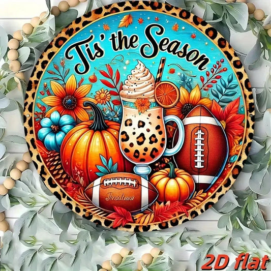 "Autumn Leopard Print Football Pumpkin Aluminum Sign – Wall Hanging Decor & Festive Wreath Accent | Perfect for Home Decor"