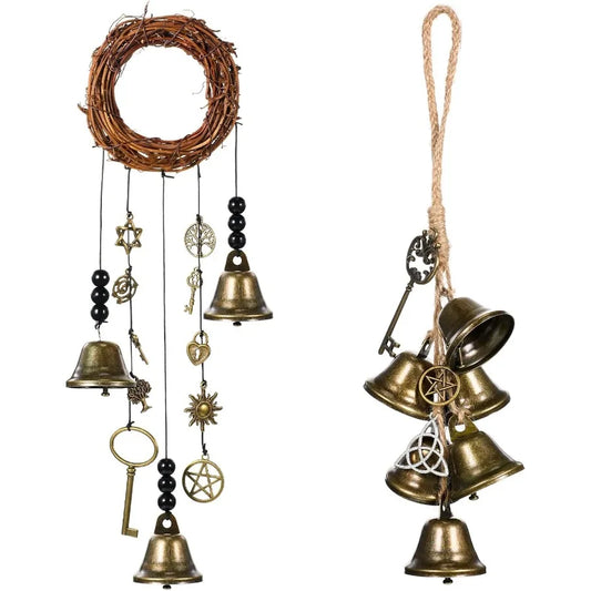 2 Pieces Witch Protection Door Hangers Wind Chimes Wreath Handmade Hanging Bells Wiccan Magic for Home Doorknob Witchcraft Drat