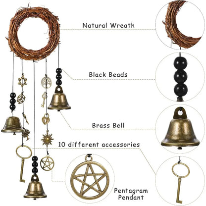 2 Pieces Witch Protection Door Hangers Wind Chimes Wreath Handmade Hanging Bells Wiccan Magic for Home Doorknob Witchcraft Drat