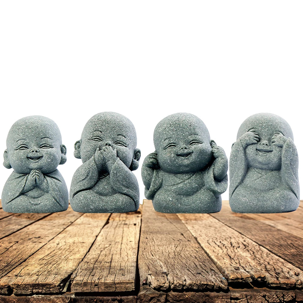 4Pcs Buddha Statue Lovely Little Monk Figurine Buddha Monk Statue for Home Office Car Fish Tank Decor