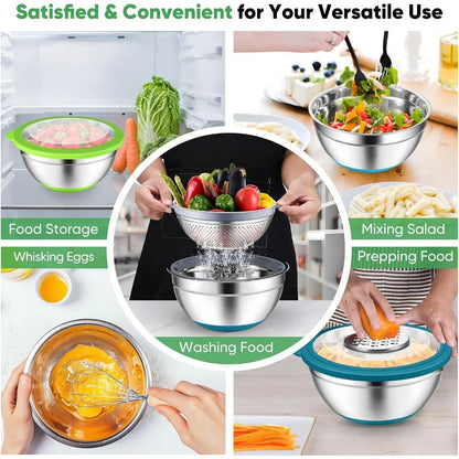 P&P CHEF Mixing Bowls with Lids Set of 3, Stainless Steel Mixing Bowl and Colander for Kitchen, 3 Grater Attachments & Non-Slip