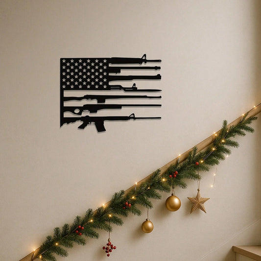 "Personalized Gun Metal American Flag Wall Art – Custom Name Sign | Patriotic Decor | Gun Lover & Military Gift"