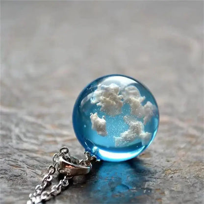 1pc Blue Sky with White Clouds Pattern Round Resin Pendant Necklace Transparent