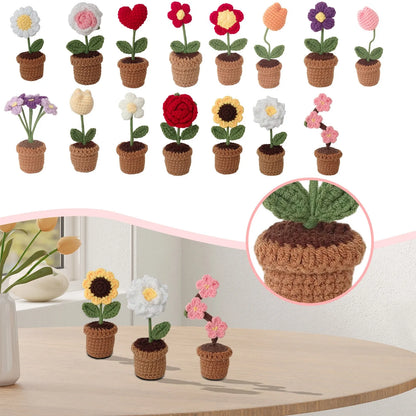 New Hand Knitting Potted Plants Handwoven Rose Sunflower Tulip Crochet Flower Bouquet Potted Ornament Table Home Room Decoration
