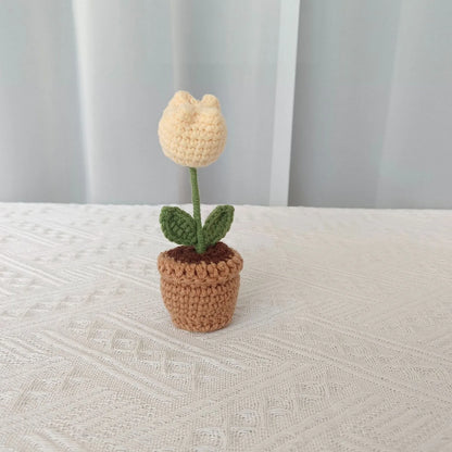 New Hand Knitting Potted Plants Handwoven Rose Sunflower Tulip Crochet Flower Bouquet Potted Ornament Table Home Room Decoration