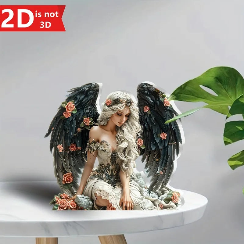 1 piece of 2D elegant angel with big black wings and roses, desktop decor, perfect for home, office desk or cafe, unique gift