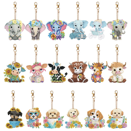 6PCS Double Sided Diamond Art Keyring Baby Elephant Rhinestone Painting Keychain Pendant Puppy for Adult Kid Purse Handbag Decor