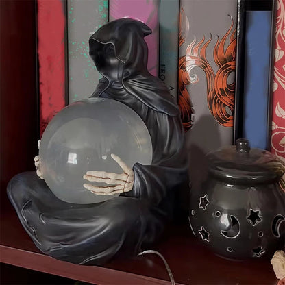 Halloween Gothic Reaper Crystal Ball Grim Reaper Statue with Floating Bats Scary Magical Glowing Balls Home Atmosphere Decor