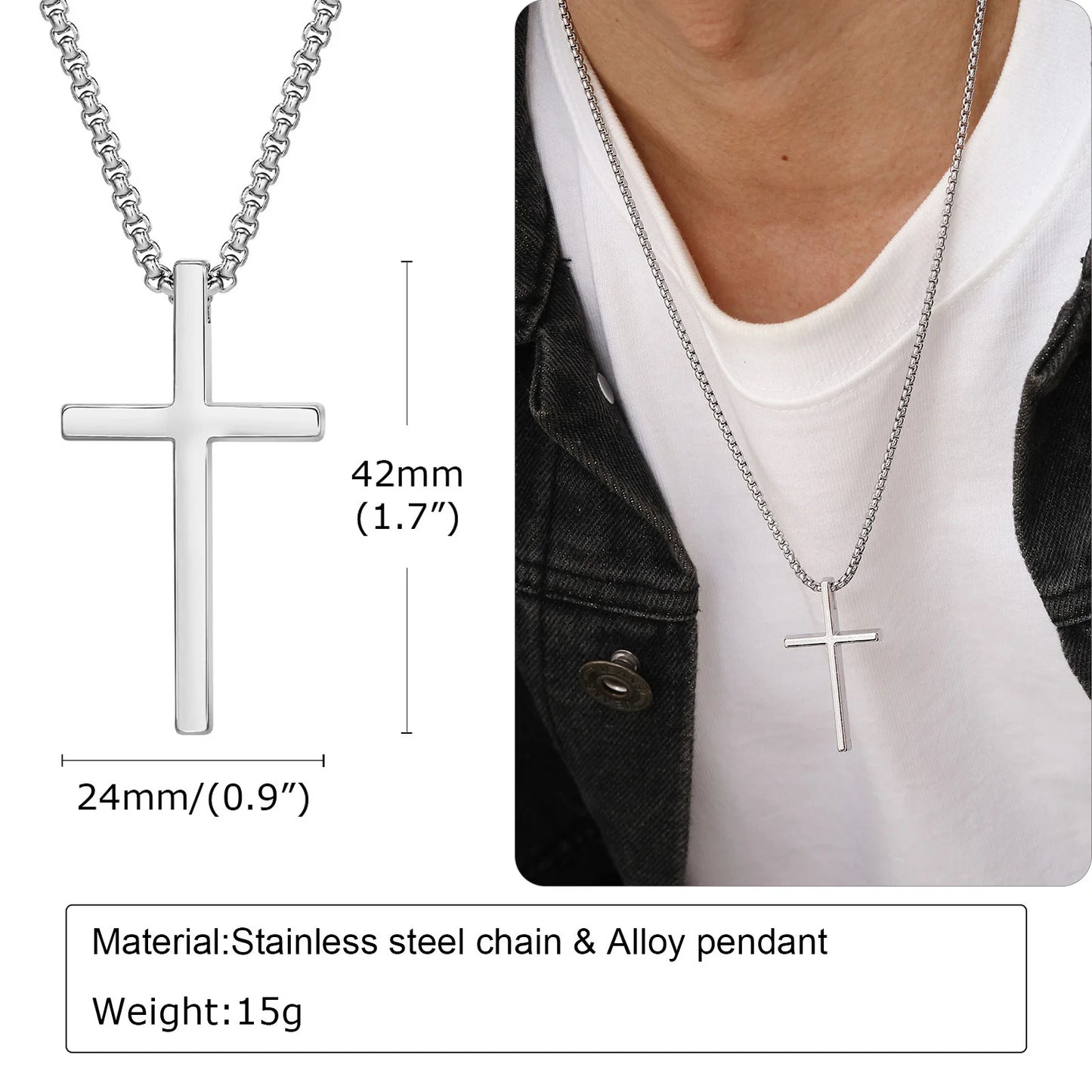 Stainless Steel Cross Necklace Pendant Collar with Stainless Steel Box Chain