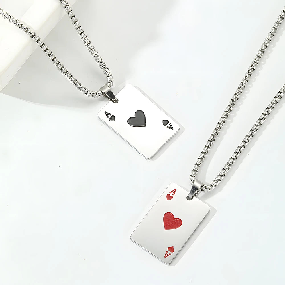 Stainless Steel Poker Card Ace of Spades Necklace Pendant Chain Playing Cards Jewelry Ace of Hearts Necklaces