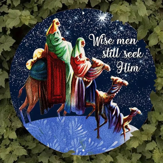 1PC Round Nativity Scene Metal Wall Art -2D "Wise Men Still Seek Him"Vintage Religious Sign|Retro Holiday Plaque for Home,Church