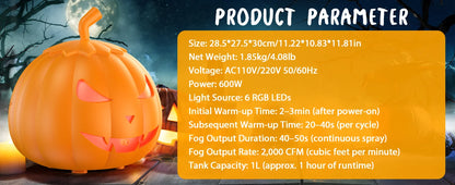 U'King 600W Pumpkin Fog Machine 12 Color RGB 6LED Lighting Effect Smoke Machine Remote for DJ Show Club Halloween Maker Fogger