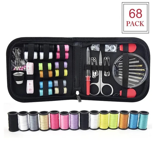 Portable Sewing Kit 68Pcs or 98Pcs, Multi-color Polyester Thread &amp; Tools Set, Compact Zipper Case for Home Travel Garment Repair