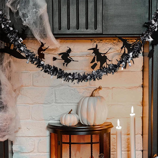 Halloween Spider Web Tinsel Garland with Ghosts Witches Spiders for Mantel Hanging Party Decorations and Wall Art