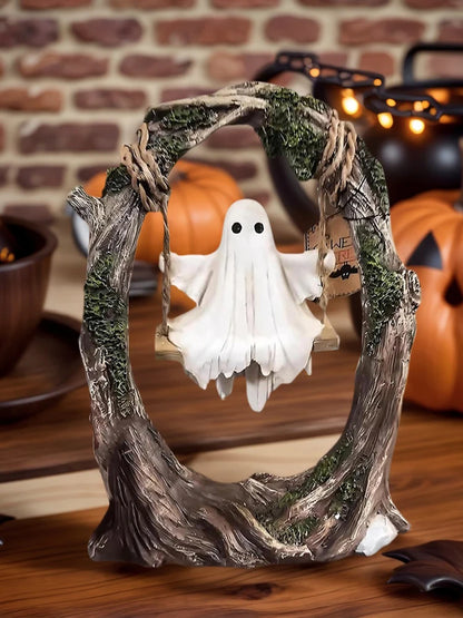 Ghost on Tree Swing Statue Resin Small Ghost Figurine Multi-Purpose Lovely Ghost Decorations for Desktop Bookshelf Decor