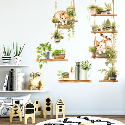 1pcs Painted Cat Green Plant Pot Home Background Wall Decoration Wall Stickers Self-Adhesive