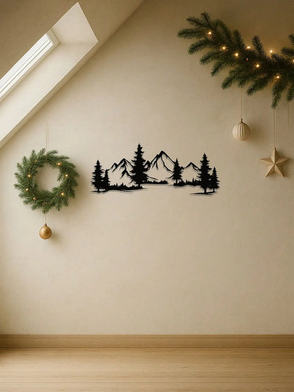 "Mountain & Forest Metal Wall Art – Black Farmhouse Decor | Nature-Inspired Indoor Hanging"