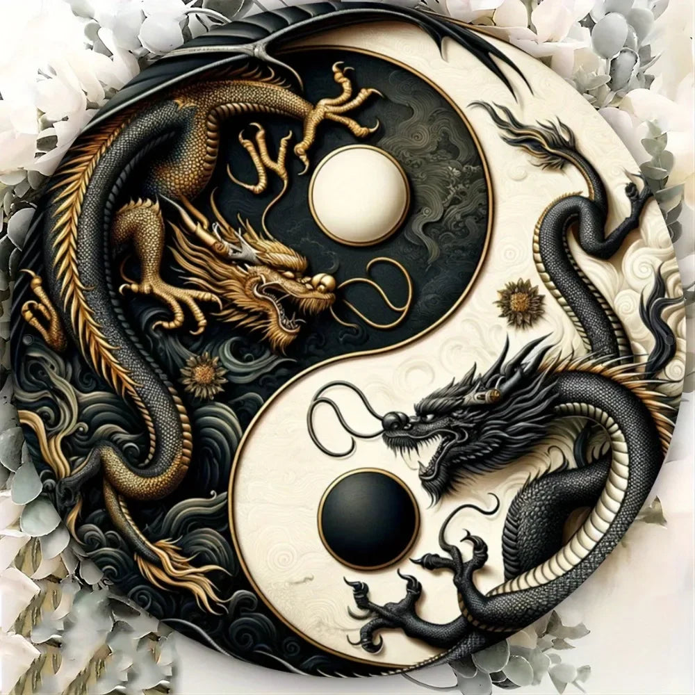 "Yin-Yang Chinese Dragon" Metal Sign – Black & White Oriental Home Decor