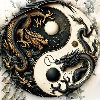 "Yin-Yang Chinese Dragon" Metal Sign – Black & White Oriental Home Decor