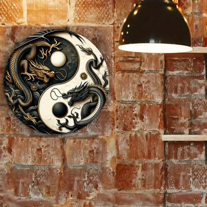 "Yin-Yang Chinese Dragon" Metal Sign – Black & White Oriental Home Decor