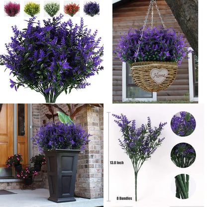 Artificial Greenery Lavender Fake Shrubs Flowers 8 Bundles UV Resistant Hanging Planter Flora Fence Indoor Outside Decor Weddin