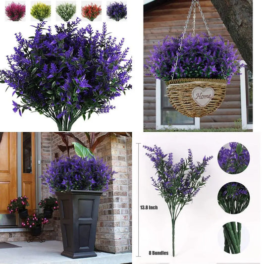 Artificial Greenery Lavender Fake Shrubs Flowers 8 Bundles UV Resistant Hanging Planter Flora Fence Indoor Outside Decor Weddin