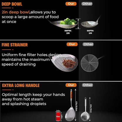 Stainless Steel Fine-Mesh Skimmer - Short Handle Scoop Strainer for Dumpling Soup, Stew & Cooking kitchen utensils
