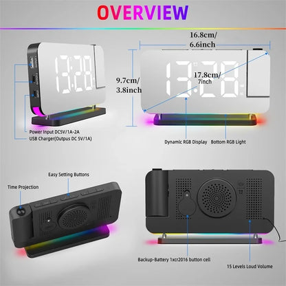 180° Projection Alarm Clock with RGB Mood Light FM Radio 6 Levels Volume Table Clock 12H/24H 2 USB Output Port LED Digital Clock