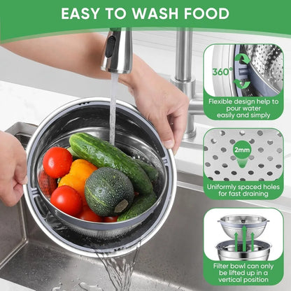 P&P CHEF Mixing Bowls with Lids Set of 3, Stainless Steel Mixing Bowl and Colander for Kitchen, 3 Grater Attachments & Non-Slip