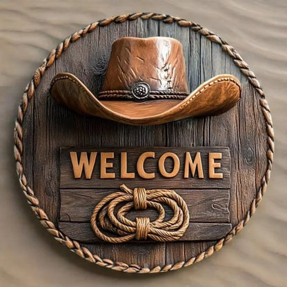 Western "Welcome" Decor with Cowboy Elements – Distressed Wood/Metal | Perfect Home Wall Art