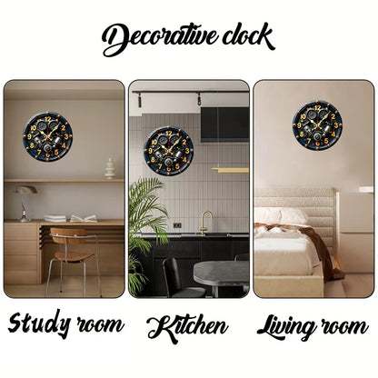 2D Flat Exquisite Engine Wooden Round Silent Hanging Wall Clock, For Living Room, Office, Study Room, Bedroom, Home Decoration.