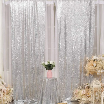 Silver Sequin Backdrop Curtains 8 Panels 2FTx8FT Wedding Photo Backdrop Glitter Birthday Bridal Party Curtains Sparkle Backgroun