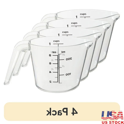 4 Pack Large Spout Plastic Measuring Cups Clear 8oz Easy Pouring Hand Wash Safe Stackable Kitchen Tools