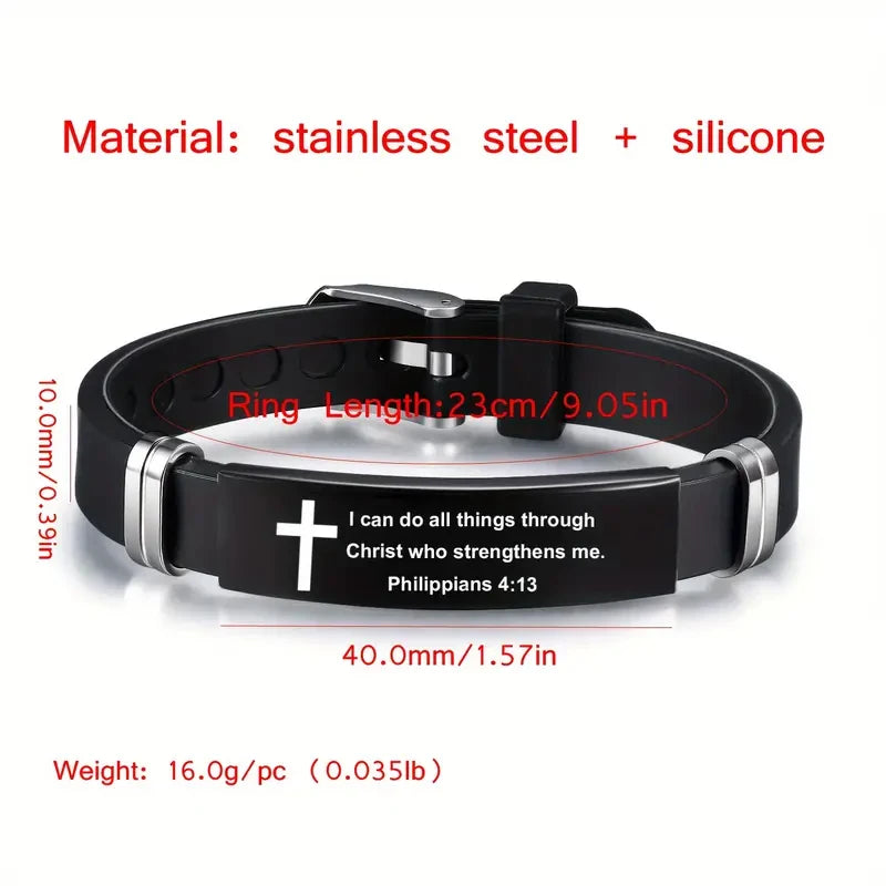 Cross Bible Verse Bracelet Black Stainless Steel Inspirational Bracelets
