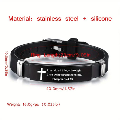 Cross Bible Verse Bracelet Black Stainless Steel Inspirational Bracelets
