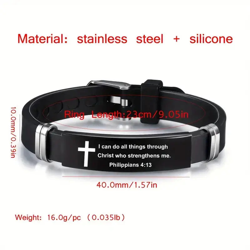 Cross Bible Verse Bracelet Black Stainless Steel Inspirational Bracelets