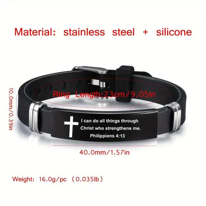Cross Bible Verse Bracelet Black Stainless Steel Inspirational Bracelets