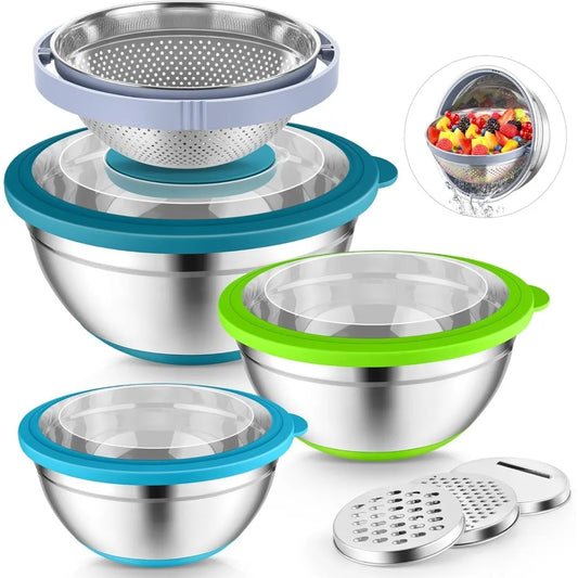 P&P CHEF Mixing Bowls with Lids Set of 3, Stainless Steel Mixing Bowl and Colander for Kitchen, 3 Grater Attachments & Non-Slip