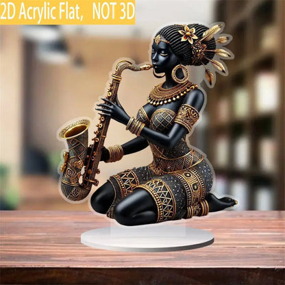 African Lady Figurine Sculpture with Saxophone Musical Instrument Handcrafted Tribal Art Statue for Home Office Decor and