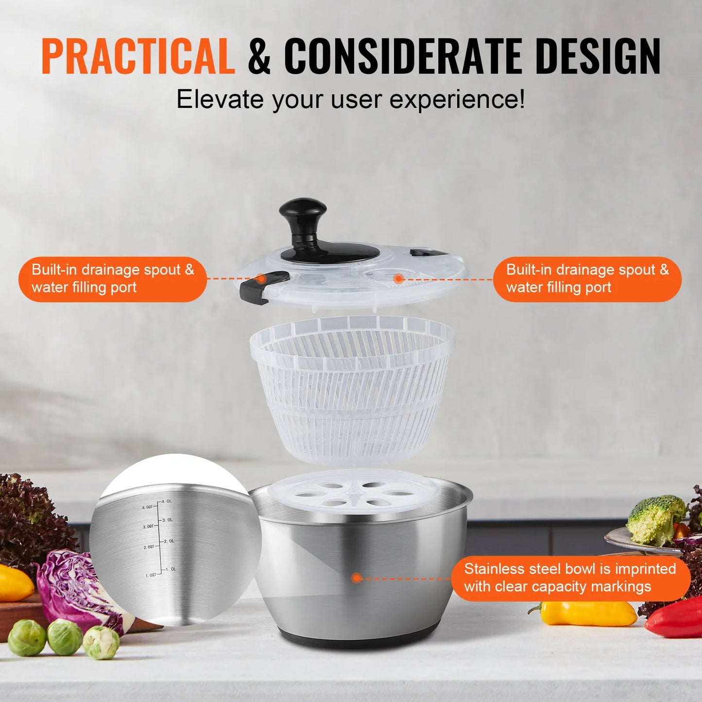 SucceBuy Stainless Steel Salad Spinner 4.75Qt One-handed Easy Press Large Vegetable Dryer Washer Lettuce Cleaner and Dryer