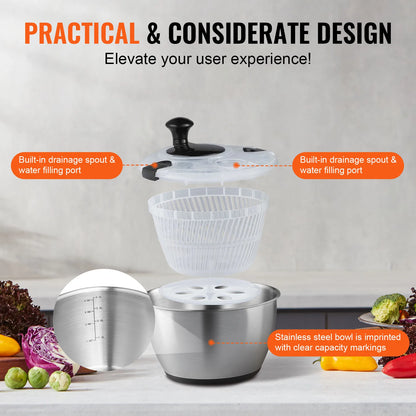 SucceBuy Stainless Steel Salad Spinner 4.75Qt One-handed Easy Press Large Vegetable Dryer Washer Lettuce Cleaner and Dryer