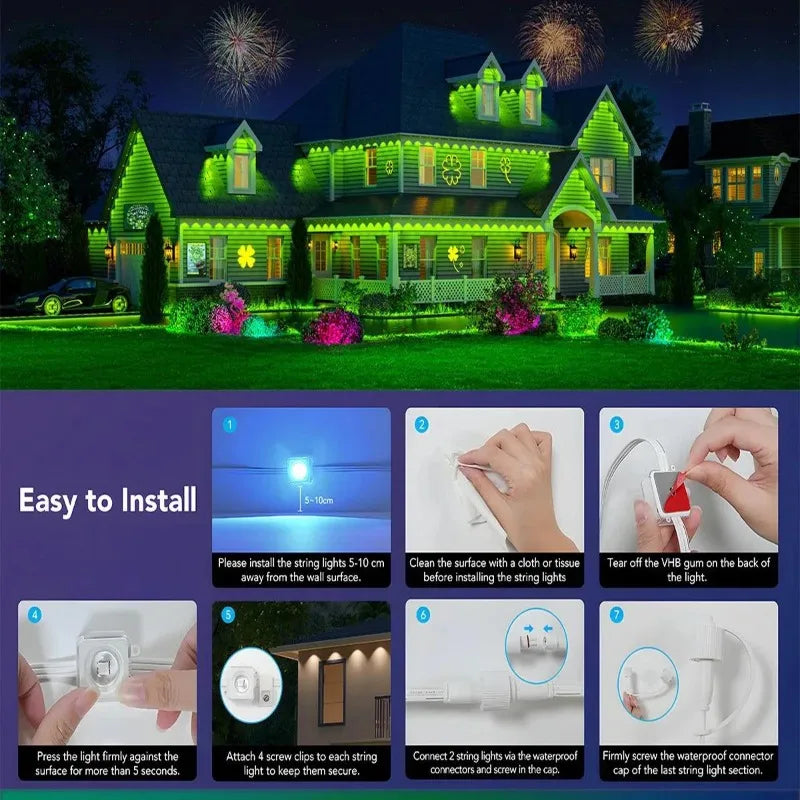 147FT 90LEDs Permanent Outdoor Light String APP Smart RGBIC Eaves LED Lights DIY Scene Modes Christmas Party Lighting Decoration