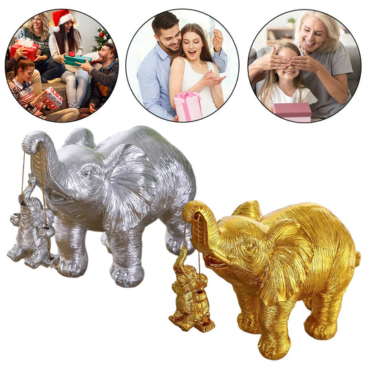 Gold/Silver Swing Mother Son Elephant Statue Resin Swing Elephant Decor Brings Good Luck Wealth Elephant Crafts Mother Day Gifts