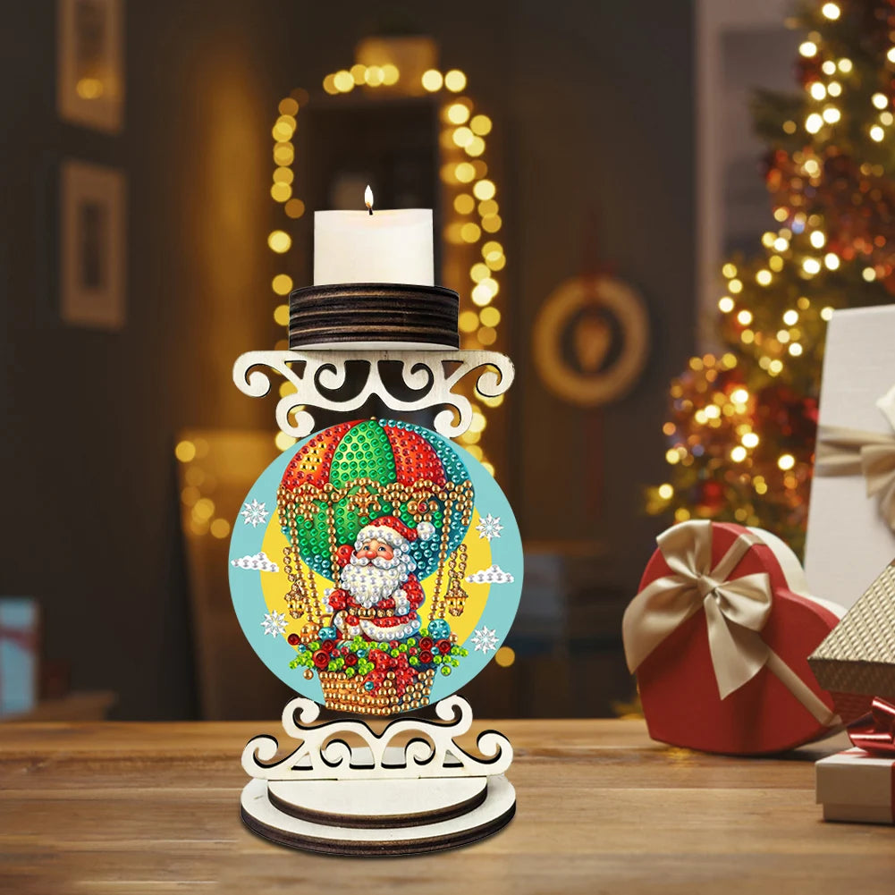 Wooden Special Shaped Xmas Theme Mosaic Rhinestone Drawing Candlestick Decor Desktop Diamond Art Candle Holder for Party Decor
