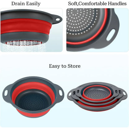 Collapsible Colander 3-Pack Set Space-Saving Foldable Kitchen Strainer with Non-Slip Base Durable Thickened PP+TPE Collapsible S