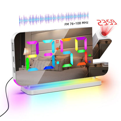180° Projection Alarm Clock with RGB Mood Light FM Radio 6 Levels Volume Table Clock 12H/24H 2 USB Output Port LED Digital Clock