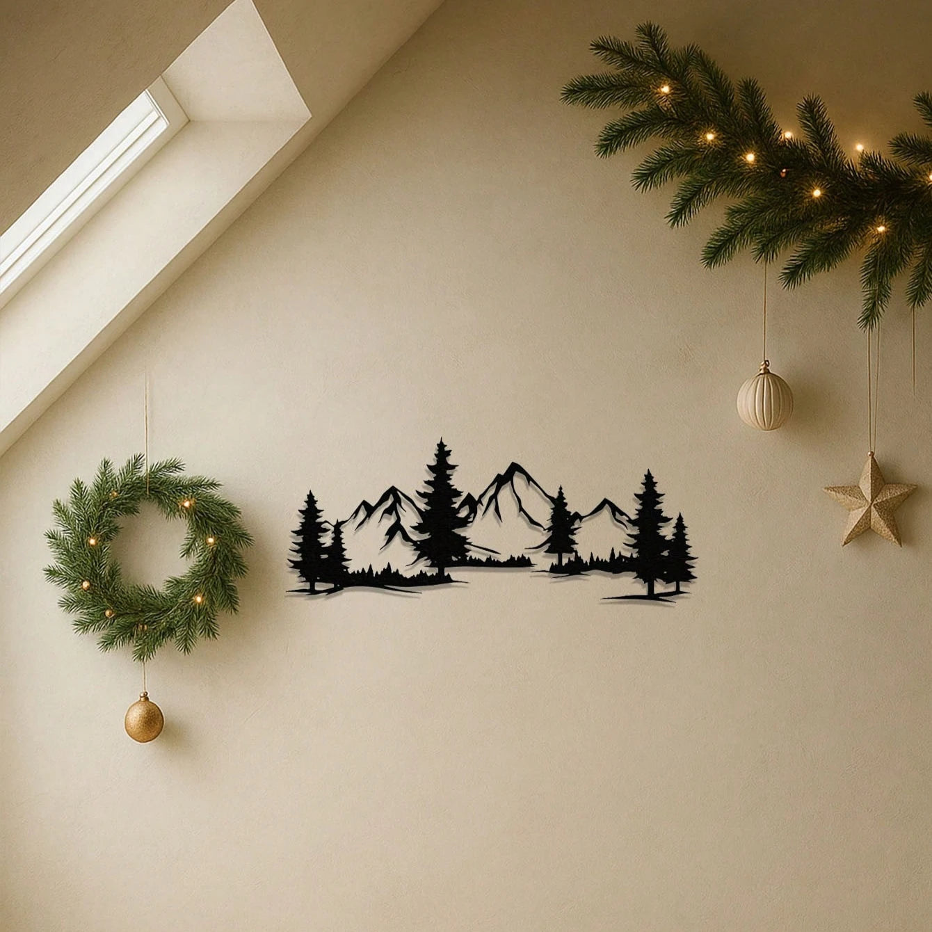 "Mountain & Forest Metal Wall Art – Black Farmhouse Decor | Nature-Inspired Indoor Hanging"