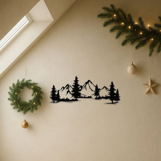 "Mountain & Forest Metal Wall Art – Black Farmhouse Decor | Nature-Inspired Indoor Hanging"