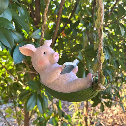 Decorative Piggy Shape Statue Waterproof Pig Swing Sculpture Ornament Lovely Pig Landscape for Outdoor Balcony Patio Tree Decor